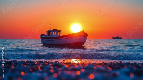 Sunset over calm sea with a boat silhouetted in peaceful waters