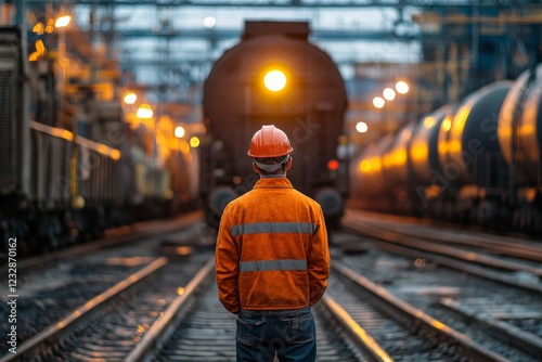 Worker in safety gear observes approaching train at rail yard during overcast...
