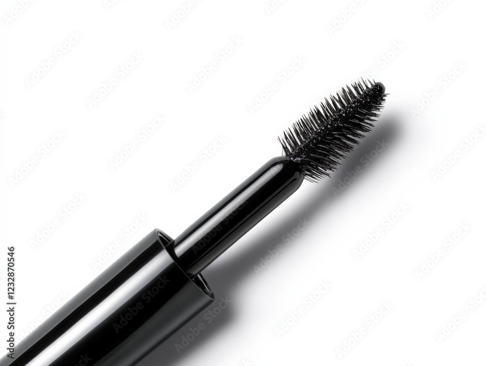 close-up of black mascara wand on white background close-up of black mascara wand on white background