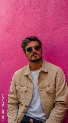 Young man enjoying a sunny day against a vibrant pink wall in an urban location