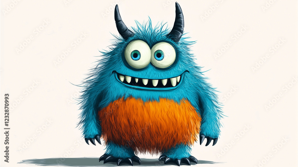 Fototapeta premium Funny Blue Cartoon Monster Illustration with Horns and Orange Stripes