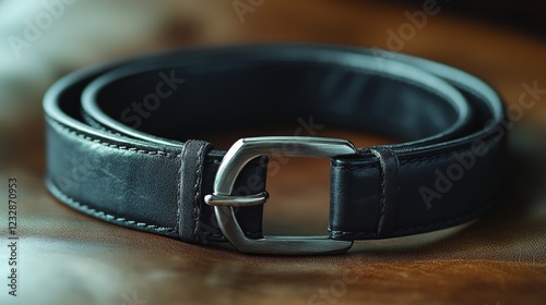 Black leather belt displayed on contrasting blue and pink background for styl...