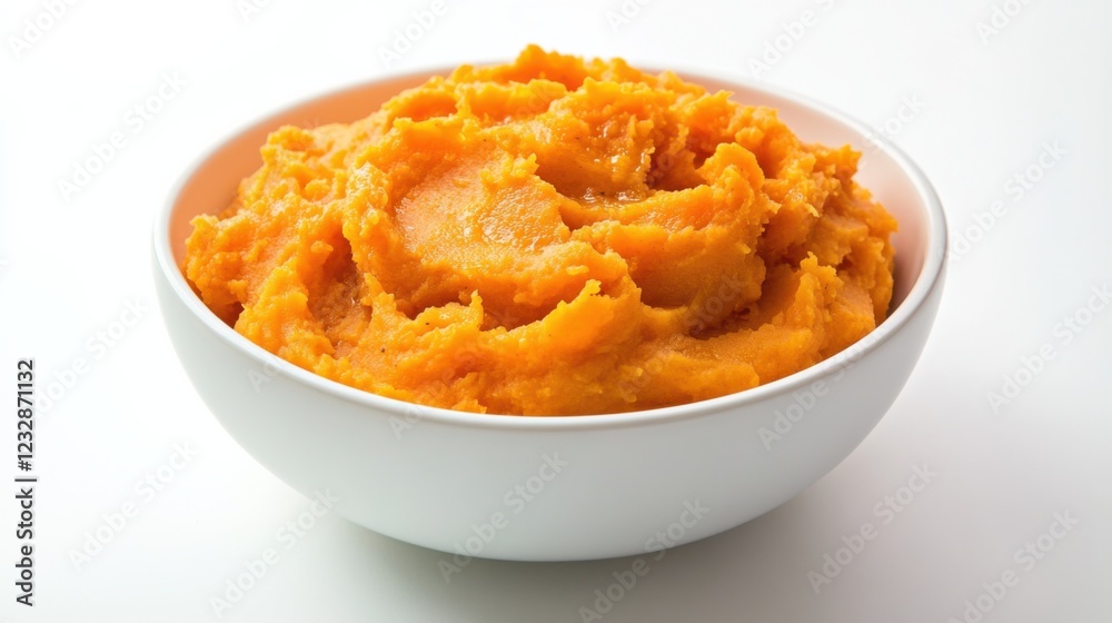 A simple bowl of plain mashed sweet potatoes, served in a minimalist white ceramic bowl with a light drizzle of olive oil, Sweet potatoes centered A simple bowl of plain mashed sweet potatoes, served in a minimalist white ceramic bowl with a light drizzle of olive oil, Sweet potatoes centered