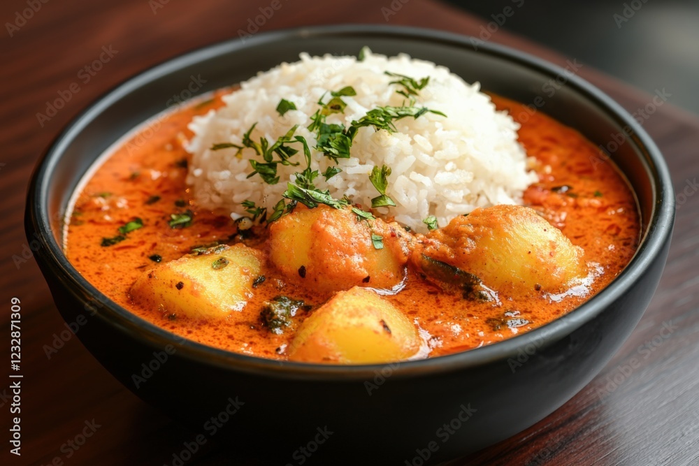 bowl of potato curry and rice garnished with fresh herbs bowl of potato curry and rice garnished with fresh herbs