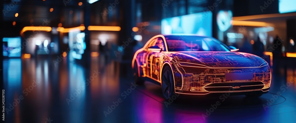 Obraz premium Futuristic electric car showroom display, neon lights, blurred background