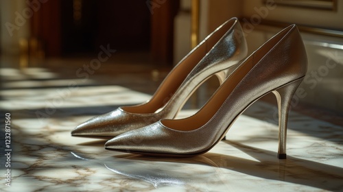 Elegant beige high heel shoe on marble floor with soft sunlight reflections i...