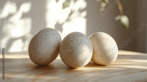 Colorful speckled eggs arranged on a rustic wooden surface against a textured...