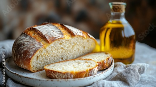Freshly baked bread and olive oil on a rustic table with a soft linen cloth