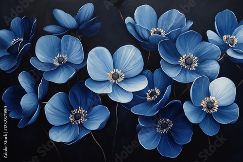 Vibrant blue flowers with striking orange centers against a dark backdrop