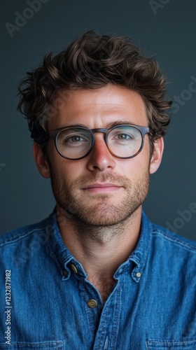 Young man with glasses wearing denim shirt, showcasing a serious expression i...