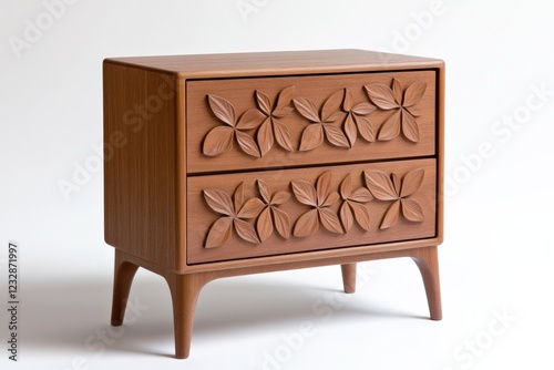 mid-century modern wooden chest of drawers with carved floral design photo