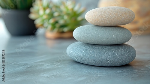 Stacked stones creating a peaceful arrangement on a smooth surface with greenery
