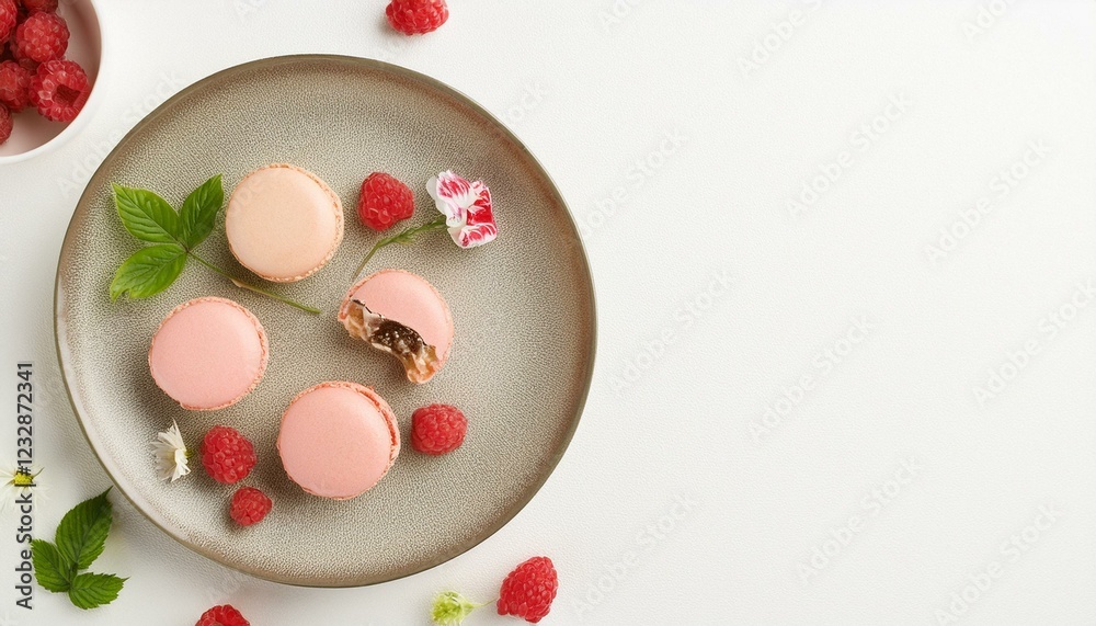 Pink macarons and raspberries on a plate. A delicate and delicious treat. Pink macarons and raspberries on a plate. A delicate and delicious treat.