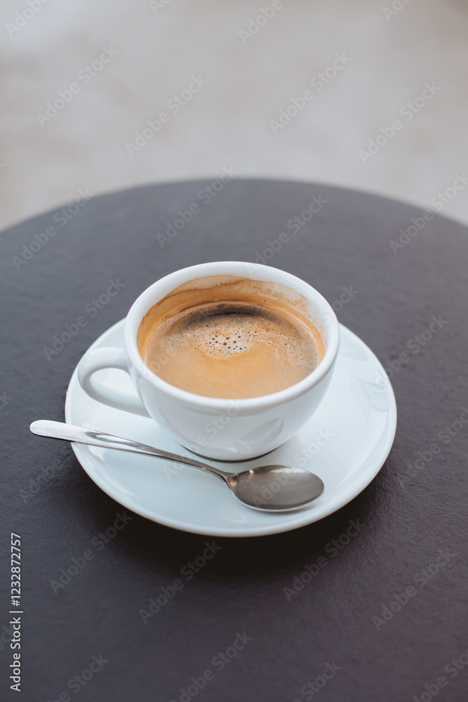 Fototapeta premium Cup of black coffee on a table in a street cafe.