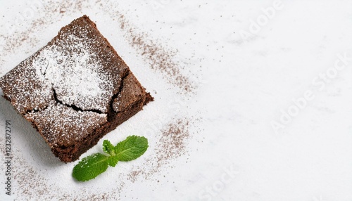 Delicious chocolate brownie dusted with powdered sugar and a sprig of mint.