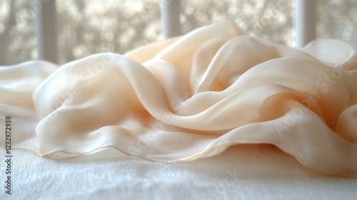 Soft fabric drapes on a smooth surface illuminated by gentle sunlight highlig...