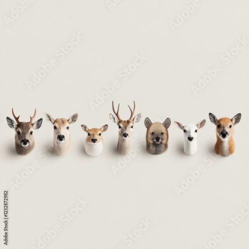 seven taxidermied deer heads of various species mounted on a wall photo