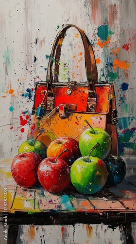 Colorful still life with handbag and vibrant apples on a splattered background