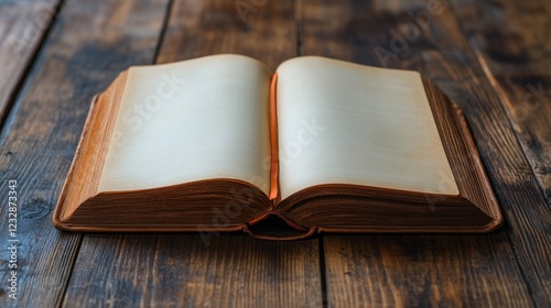 Open book resting on wooden table with blank pages waiting for inspiration or...
