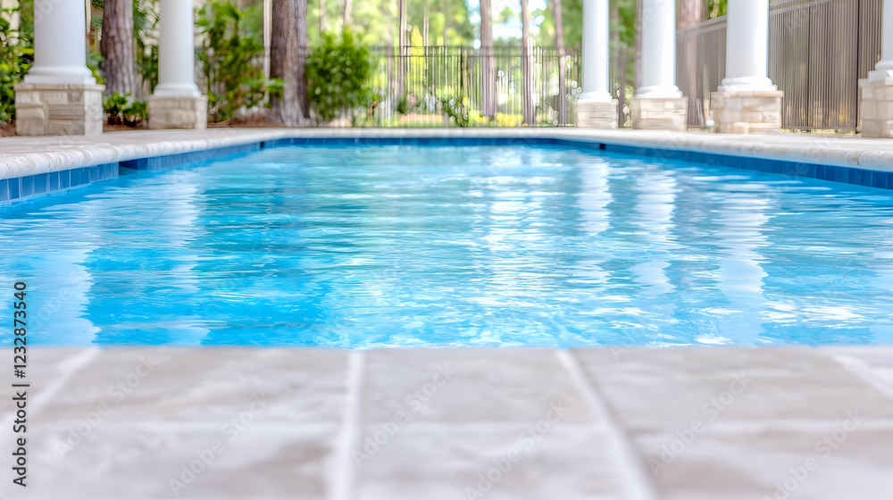 Fototapeta premium Backyard rectangular pool, summer day, tranquil scene, relaxation