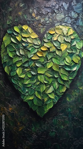 Heart shape created from vibrant green leaves on an abstract textured background