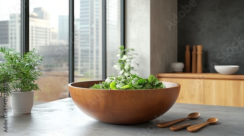 Fresh salad bowl in modern kitchen with city view during daylight hours