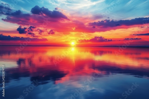 Colorful sunset over calm waters with vibrant reflections in the sky