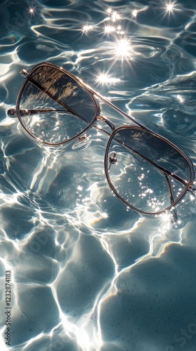 Sunglasses floating on sparkling pool water with sun reflections in a relaxin...