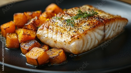 Delicious grilled fish fillet served with roasted vegetables on a black plate