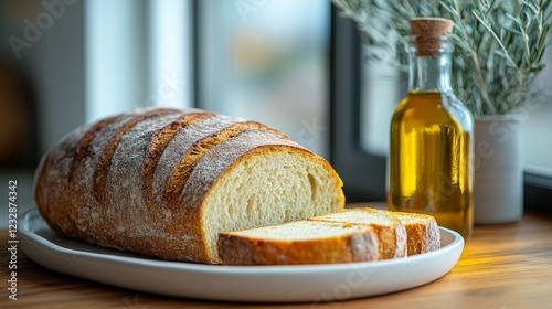 Freshly baked bread and olive oil on a rustic table with a soft linen cloth