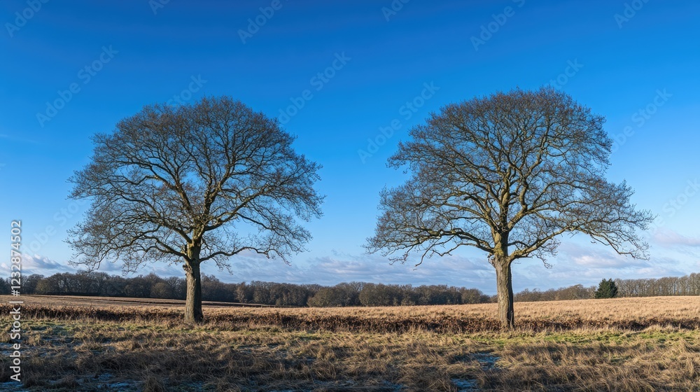 Two bare trees stand tall in a winter field Two bare trees stand tall in a winter field