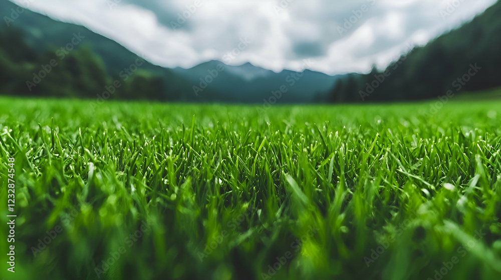 Lush green grass, mountain backdrop, idyllic landscape, nature scene Lush green grass, mountain backdrop, idyllic landscape, nature scene