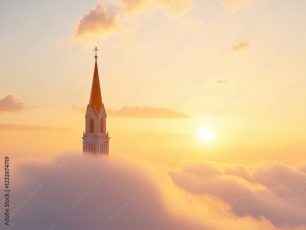 Obraz premium church steeple rising above the clouds at sunrise