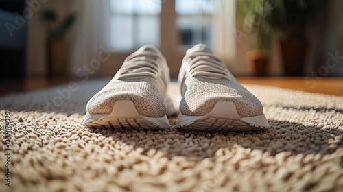 Elegant white sneakers placed on a textured rug in a sunlit room with plants