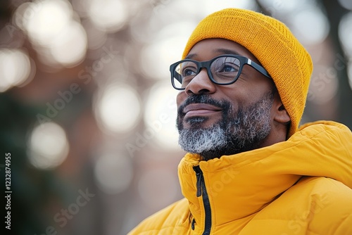 Man in yellow raincoat exploring lush forest on a rainy day