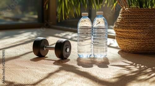 Home workout setup with dumbbells and water bottles on exercise mat in a cozy...