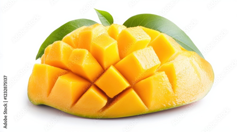 fresh, ripe mango cut into cubes with green leaves fresh, ripe mango cut into cubes with green leaves