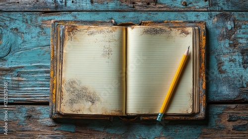 Open book resting on wooden table with blank pages waiting for inspiration or...