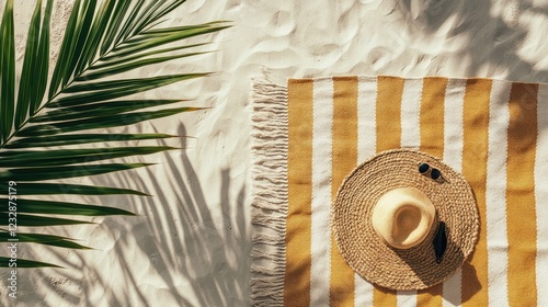 Beach Towel Hat Sunglasses Palm Leaves Sandy Scene