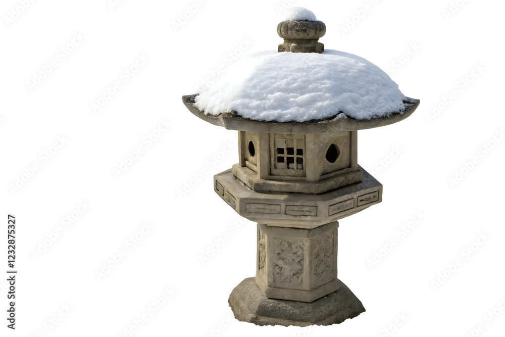 Stone Lantern in Winter: A weathered stone lantern stands tall, its roof adorned with a fresh layer of snow, evoking tranquility and serenity amidst a snowy landscape. Stone Lantern in Winter: A weathered stone lantern stands tall, its roof adorned with a fresh layer of snow, evoking tranquility and serenity amidst a snowy landscape.