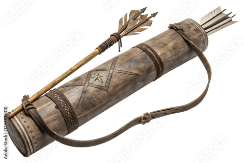 Arrow quiver: A weathered leather quiver with a strap and a wooden arrow is a reminder of bygone times. The quiver is a great addition to any historical or fantasy photo shoot.
