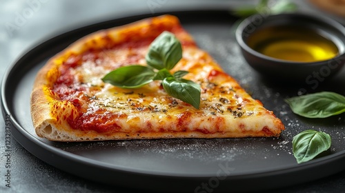 Freshly baked cheese pizza with basil served on a rustic table setting