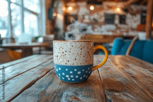 Warm cup of coffee with steam on a rustic wooden table in a cozy cafe atmosphere
