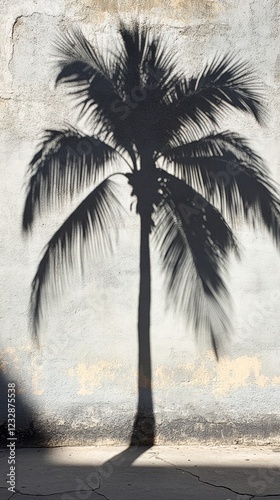 Tall palm tree casting a distinct shadow on an aged wall during sunny daylight