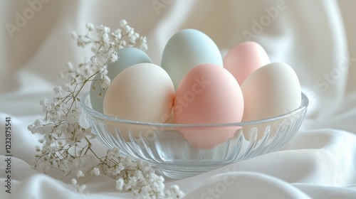 Colorful eggs and spring flowers arranged in a glass bowl near a window in so...