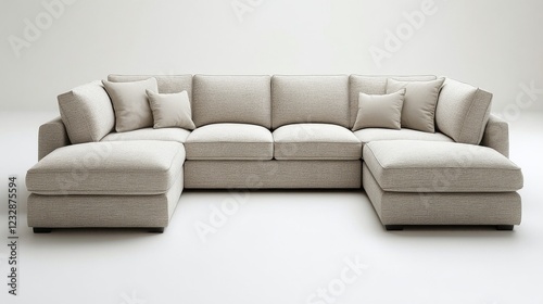 Cozy sectional sofa in a modern living room with large windows and greenery