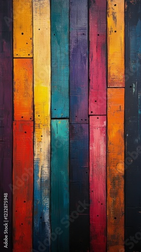 Colorful wooden planks create a vibrant wall art display in a rustic setting
