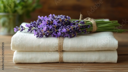 Fresh lavender bouquet placed on neatly folded linen towels for a tranquil ho...
