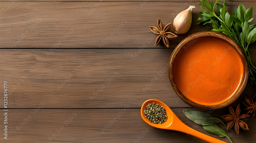 Fototapeta premium Orange soup bowl, spices, herbs on wood. Recipe blog