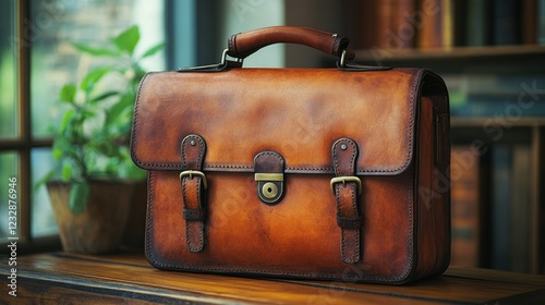 Stylish leather briefcase resting on a polished wooden table in a cozy cafe s...